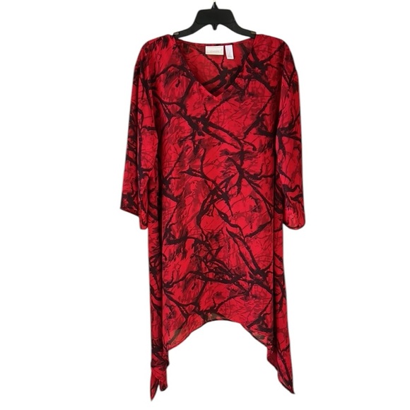 Chico’s SzL Red Black Long Line Sheer Chiffon Tunic Top Sharkbite Hem 3/4 Sleeve - Picture 1 of 8